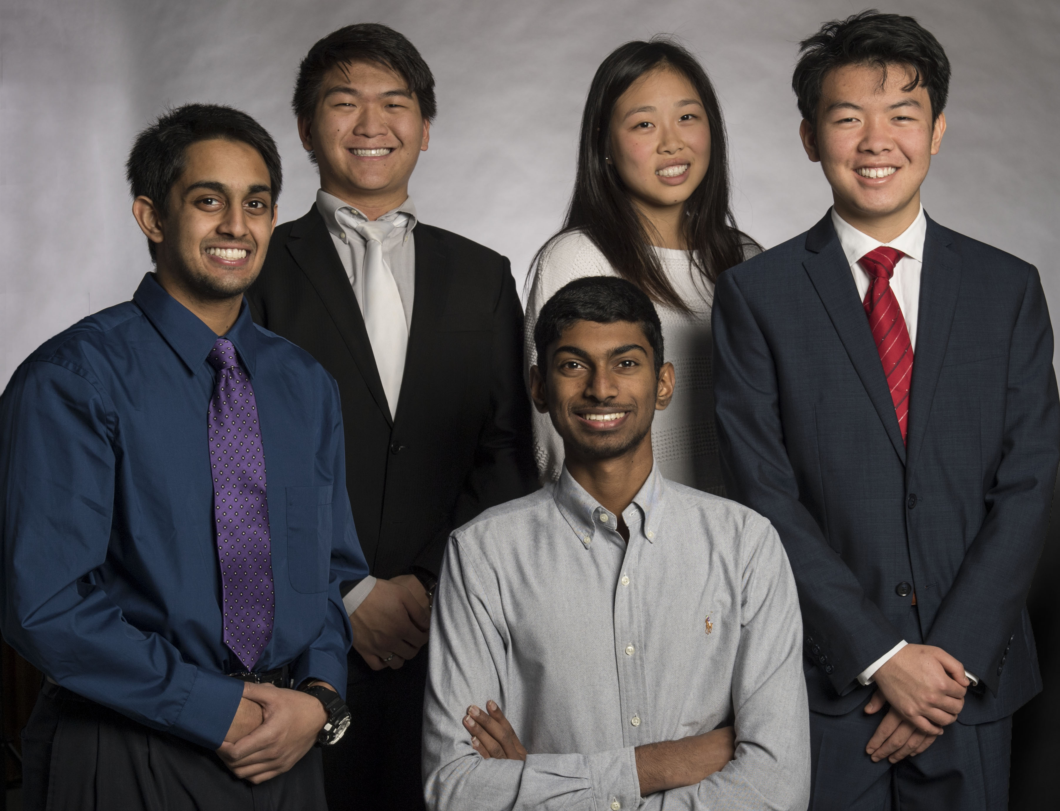 Five students from UNT's Texas Academy of Mathematics and Science were named semifinalists in the 2018 Regeneron Science Talent Search, which honors research of high school students. The students are (front row) Ashwin Kumar of Irving, Abhishek Mohan of Irving and Tan Yan of Coppell, and (back row) Ted Zhao of Arlington and Sarah Zou of Sugar Land.